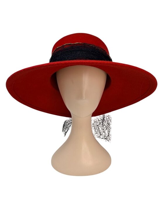 Vintage Red Wool Felt Hat Betmar Wide Brim Veil Dress Hat 1980s main image 12